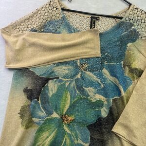 French Bazaar Knit Top Women XXL Beige Metallic Floral Print Lace Shoulder